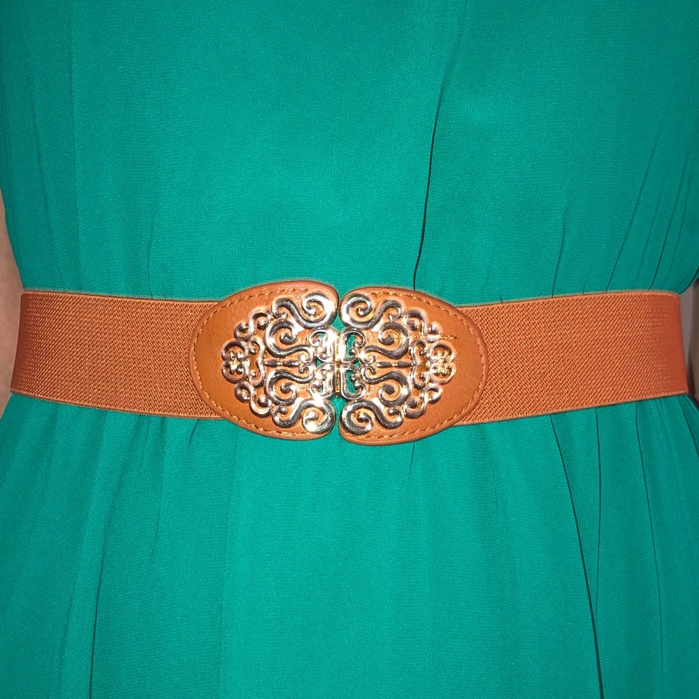 Wide elastic belt with gold clasp